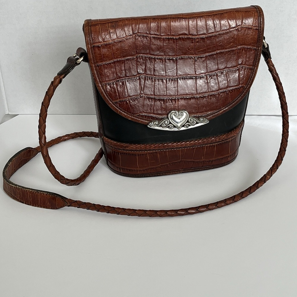 Brighton 1996 Vintage Croc Leather Bucket Crossbody Bag Braided Strap Two-Tone